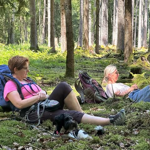 Waldbaden im Spessart Zwei Frauen mit Hund lehnen entspannt am Baum